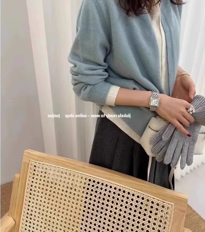 Fake two 100% pure cashmere sweater cardigan dark grey high-grade wool knit coat top - Smarsty