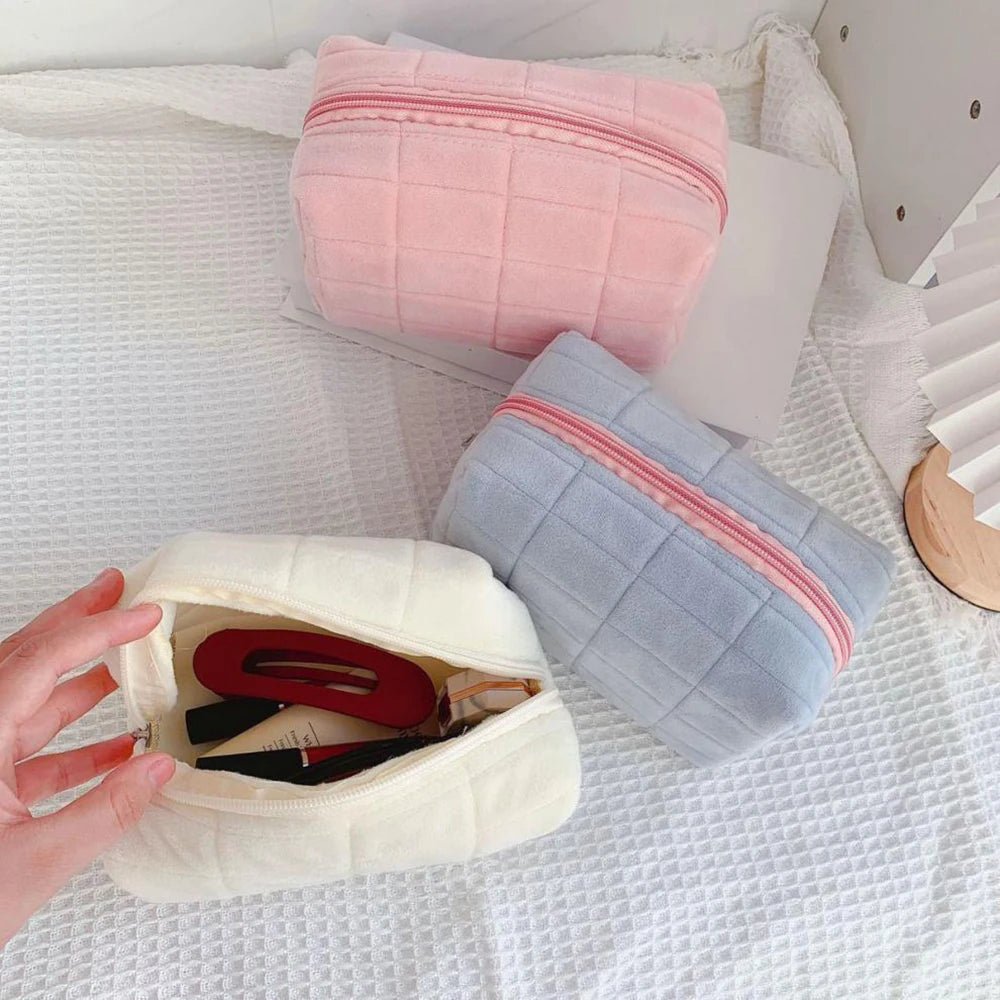 Cute Plush Makeup Bag for Women Portable Travel Small Cosmetic Bags Solid Color Zipper Toiletry Bag Washing Pouch Storage Bags - Smarsty