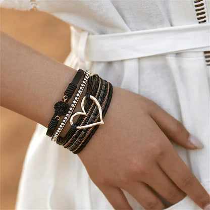 Women Leather Heart Charm Bracelet Rhinestone Wrap - Smarsty