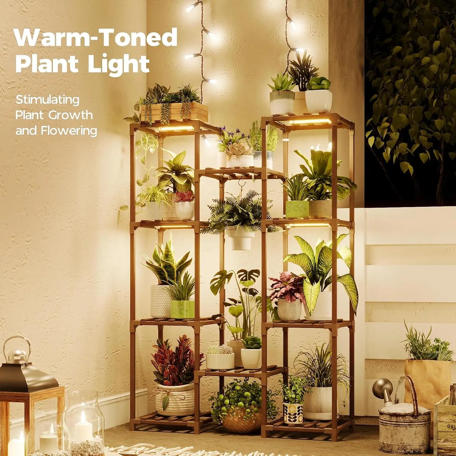 Multi-Tier Plant Stand with Grow Light, Large Wood Shelf for Indoor Outdoor Gardening Decor