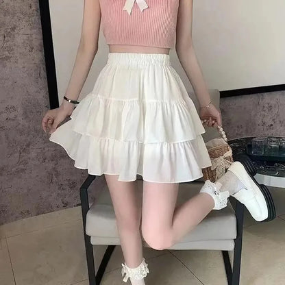 Pleated A-line Skirt White Women Ruffles Sweet Hottie Preppy Style Elastic Elastic Waist Slim Thin SimpleCasual Summer Wholesale - Smarsty