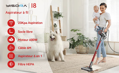 YISORA Corded Vacuum Cleaner, 600W 23KPa Stick Vacuum, Free-Stand 6 in 1 Handheld Vacuum Cleaner for Hard Floor Carpet