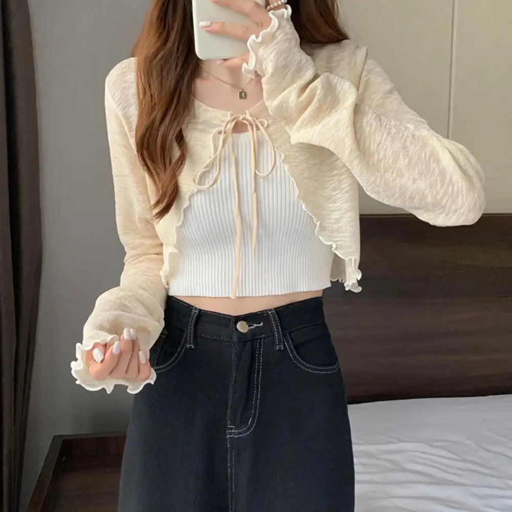 Summer Women Thin Sunscreen Cardigan Lace-up Knitwear Tops Female Korean Style Lantern Sleeve Short Coat Casual Sun Protected - Smarsty