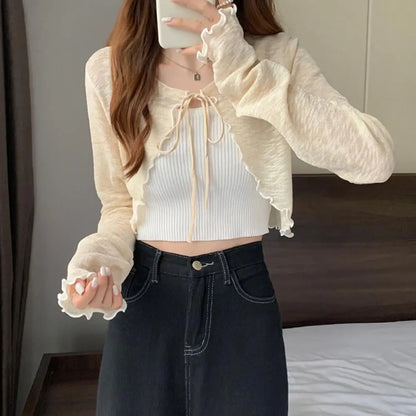 Summer Women Thin Sunscreen Cardigan Lace-up Knitwear Tops Female Korean Style Lantern Sleeve Short Coat Casual Sun Protected - Smarsty