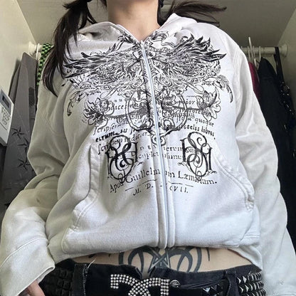 Imcute Wing Print Mall Goth Vintage Hoodies Y2K Grunge Graphic Long Sleeve Hooded Sweatshirt Harajuku Japanese Aesthetic Women