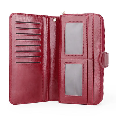 Bright and shiny wax leather long wallet that can hold multiple cards, card bags, and comes with a wristband - Smarsty