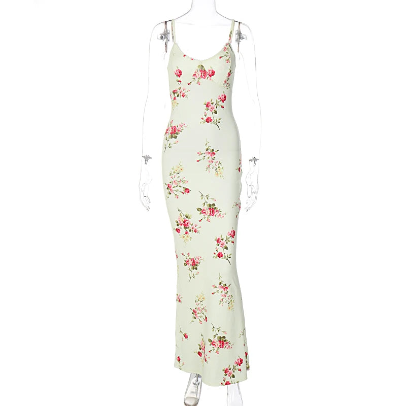 Dulzura Sexy Y2K Clothes Floral Print Sleeveless Backless Bodycon Maxi Dresses For Women 2023 Club Birthday Party Elegant Outfit - Smarsty