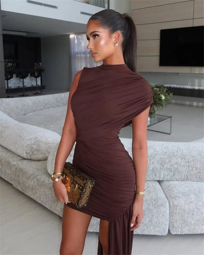 Mozision Irregular Draped Ruched Sexy Mini Dress For Women Elegant Turtleneck Sleeveless High Waist Pleated Club Party Dress