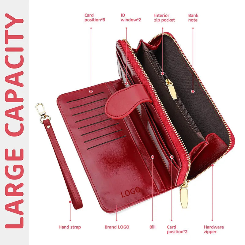 Bright and shiny wax leather long wallet that can hold multiple cards, card bags, and comes with a wristband