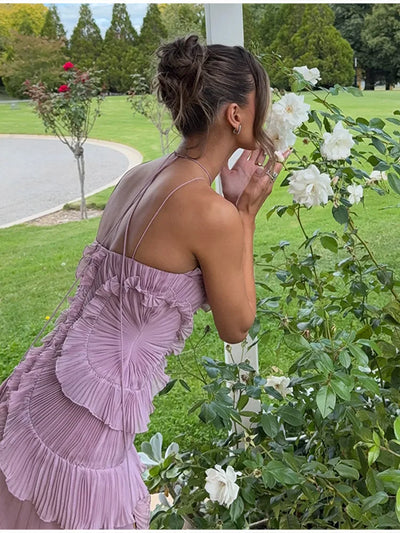 Elegant Purple Halter A Line Prom Gowns Ruffles Tiered Backless Party Gown Summer Vacation Chiffon Long Evening Dress - Smarsty
