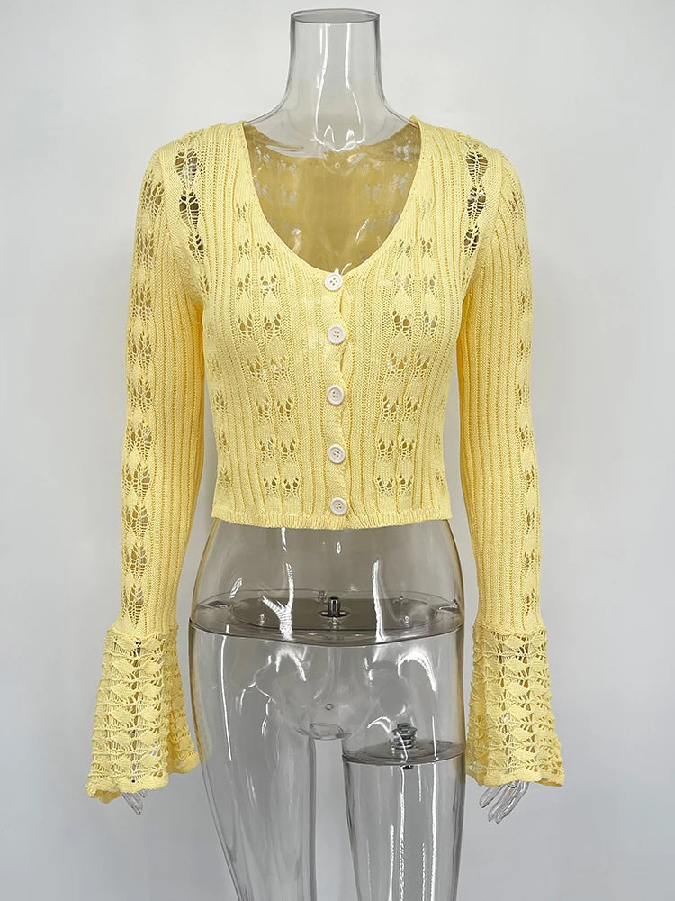 TARUXY Hollow Knitted Cardigan Women's Solid Long Sleeve V Neck Short Sweater Top Summer 2025 New Female Crochet Casual Outwear