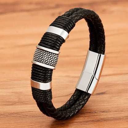 Vintage Woven Leather Wrap Bracelets For Men Durable Stainless Steel Wristbands - Smarsty