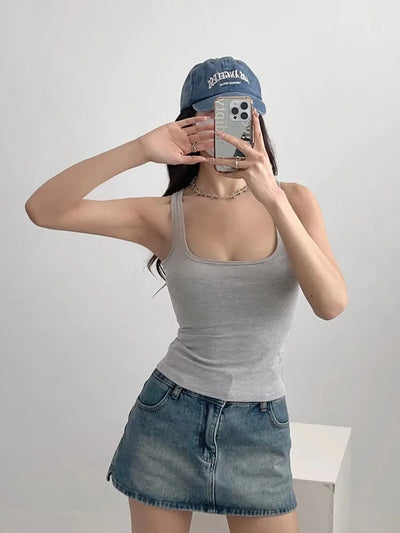 Women Scuplted Square Neck Tank Top - Smarsty