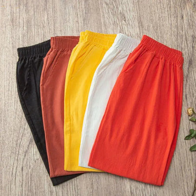 Women Summer Casual Loose Harem Elastic Waist Cotton Linen Pants Ninth Trousers - Smarsty