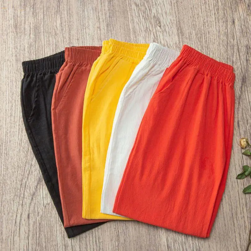 Women Summer Casual Loose Harem Elastic Waist Cotton Linen Pants Ninth Trousers - Smarsty