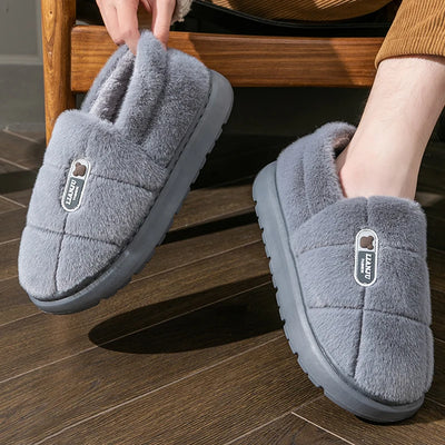 Men's slippers Winter Solid Color Wrap Heels Plush Slippers Non-slip Warm Women Men Home Casual Cotton Shoes Big Size 50 51 - Smarsty