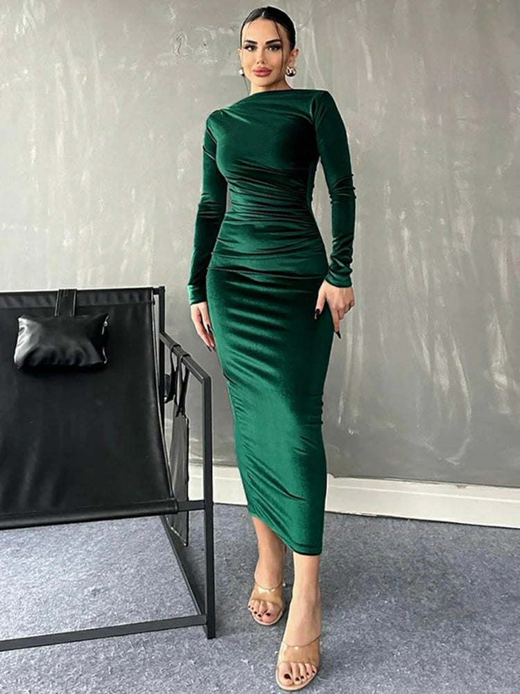 Dulzura 2024 Spring Summer Velvet Long Sleeve Midi Dress For Women Ruched Long Dress Elegant Party Clothes Evening Green Outfits - Smarsty