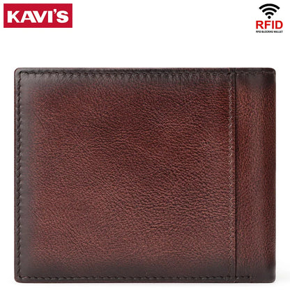 KAVIS Handmade Men's Wallet Genuine Leather RFID Card Holder with ID Window Large Capacity Male Storage Money Bag Fashion
