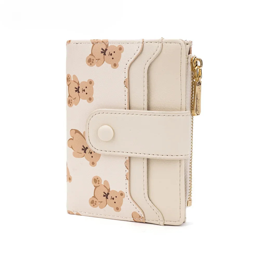 Women Short Wallets PU Leather Female Bifold Purses Cute Bear Card Holder Wallet for Girl Small Zipper Wallet with Coin Purse