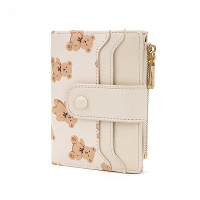 Women Short Wallets PU Leather Female Bifold Purses Cute Bear Card Holder Wallet for Girl Small Zipper Wallet with Coin Purse - Smarsty