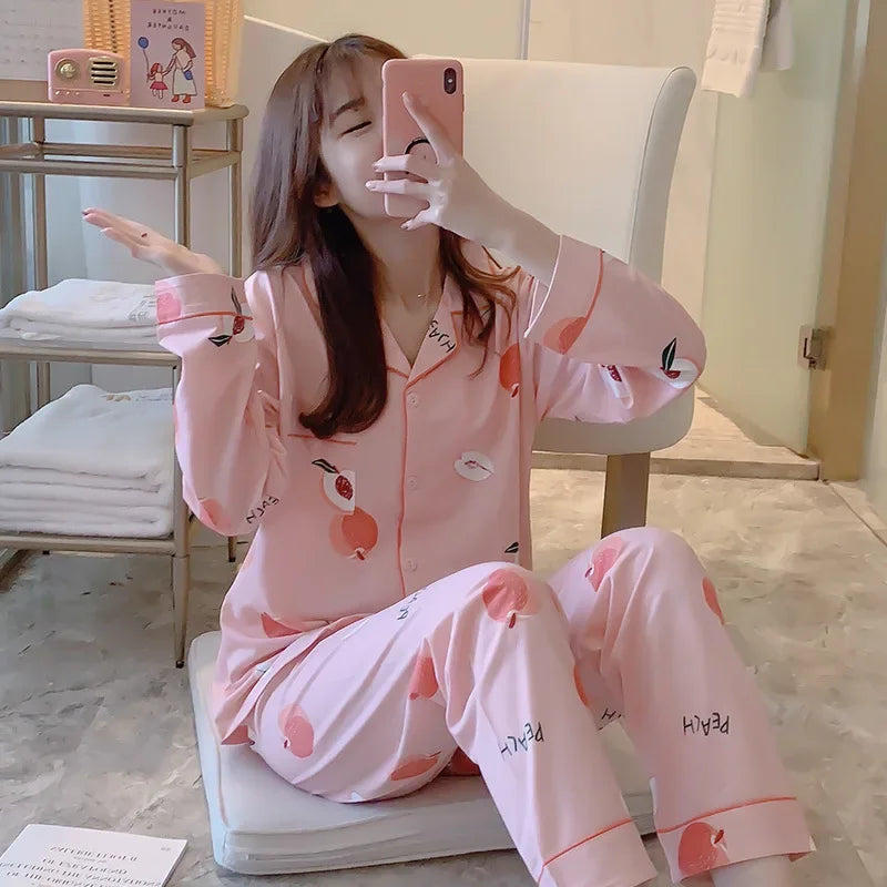 Women's Pajamas Set V-Neck Button down Top and Trousers Sleepwear Homewear Casual Nightwear Loungewear Autumn Winter Two-Piece - Smarsty