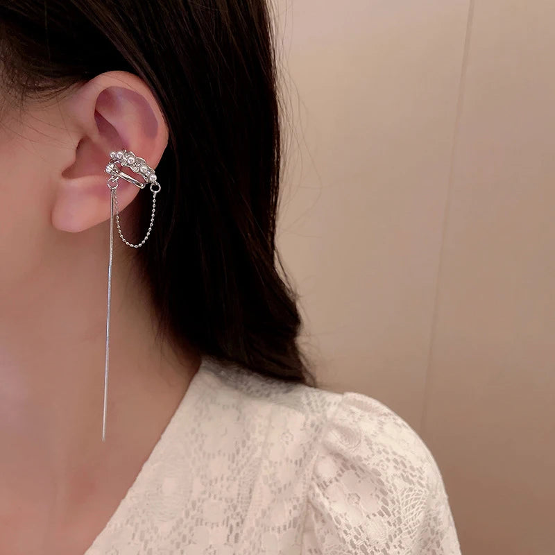 Shiny Silver Crystal Tassel Non-Piercing Ear Clip Earrings - Smarsty