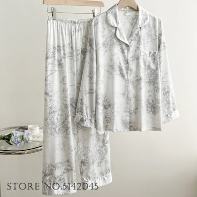 Fashion Print Flower 2PCS Pajamas Set Women Sleepwear Spring Summer Trouser Suits Lounge Wear Loose Satin Homewear Pijamas Suit - Smarsty