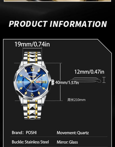 Poshi Men's Waterproof Luminous Quartz Watch with Dual Calendar - Smarsty