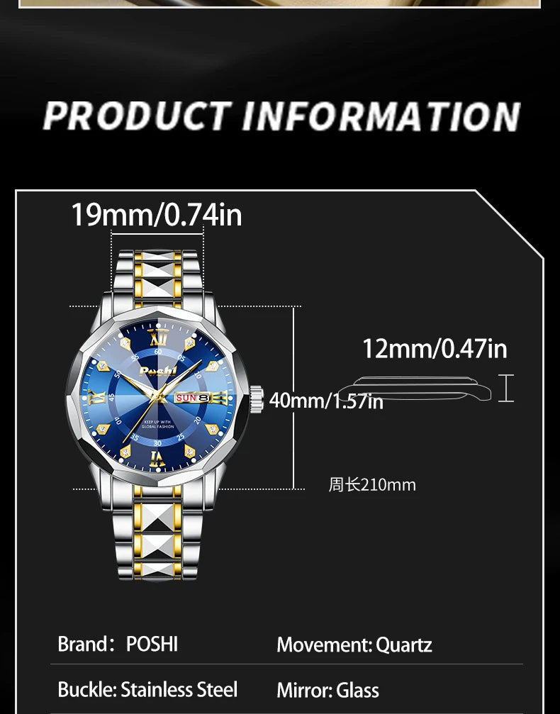 Poshi Men's Waterproof Luminous Quartz Watch with Dual Calendar - Smarsty