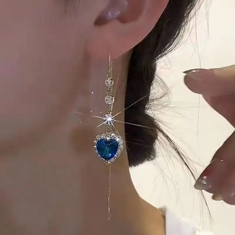 Blue Heart Shaped Zircon Drop Earrings for Elegant Women - Smarsty
