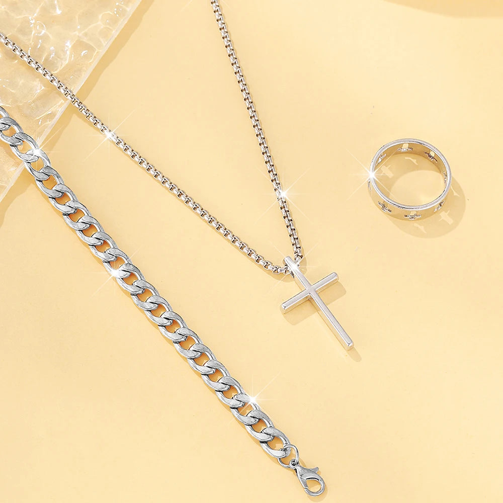 Men's Stainless Steel Cross Pendant Jewelry Set - Smarsty