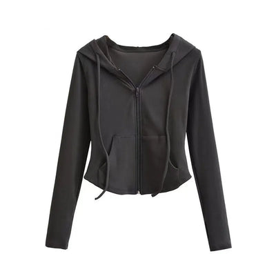 Lucyever Cropped Hooded Zip-Up Jacket Women Autumn New Slim Long Sleeve Y2K Sweatshirts Female Solid Streetwear Sports Hoodies - Smarsty