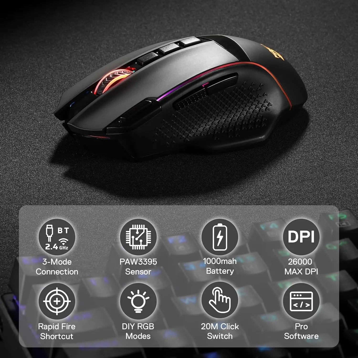 Redragon M991 Wireless Gaming Mouse 26000 DPI 3-Mode Gamer 9 Macro Buttons RGB Backlight Mice, Black