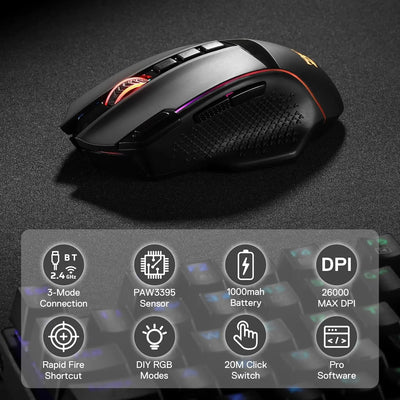 Redragon M991 Wireless Gaming Mouse 26000 DPI 3-Mode Gamer 9 Macro Buttons RGB Backlight Mice, Black - Smarsty
