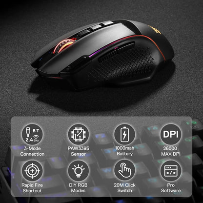 Redragon M991 Wireless Gaming Mouse 26000 DPI 3-Mode Gamer 9 Macro Buttons RGB Backlight Mice, Black