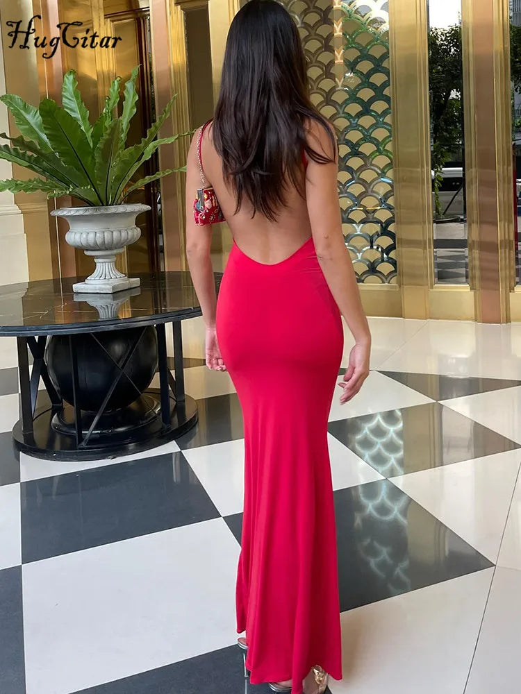 Hugcitar 2025 Spring Solid Sleeveless Backless Elegant Sexy Bodycon Y2K Maxi Prom Dress Women Clothes Birthday Party Casual Y2K