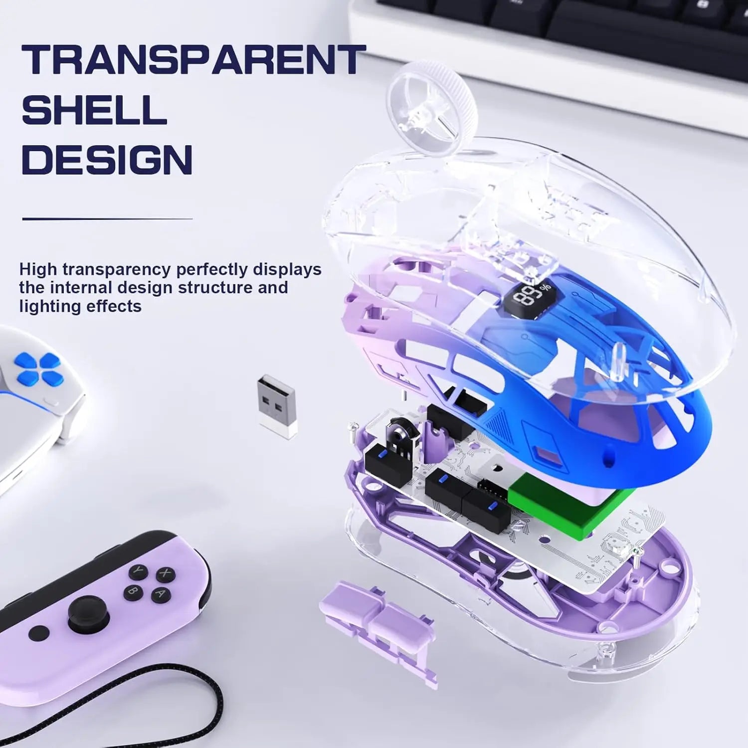 A2 Transparent Wireless Gaming Mouse, BT 5.0/2.4G PC Rechargeable RGB Mice with Digital Screen,PixArt 3212, 5 Adjustable DPI