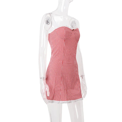 WhereMery Plaid Y2K Lace Vintage Spaghetti Strap Mini Dresses Backless Aesthetic Casual Slim Dress New Streetwear Women Vestidos - Smarsty