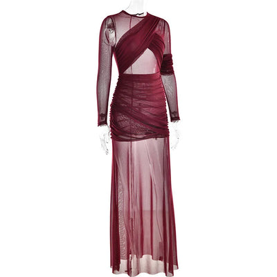 Mozision Mesh Ruched Sexy Maxi Dress For Women Fashion Zipper Patchwork See Through Long Sleeve Elegant Club Party Long Dress - Smarsty