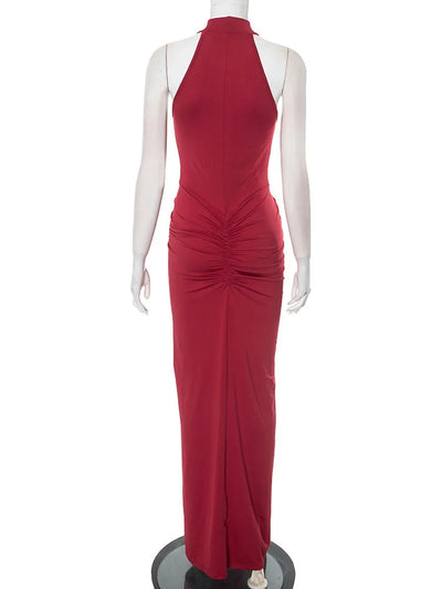 Mozision Halter Ruched Sleeveless Sexy Maxi Dress Women Gown Fashion Slim High Waist Evening Club Party Split Long Dress - Smarsty