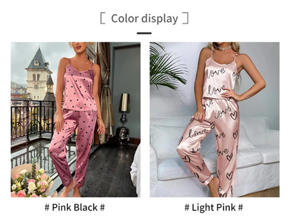 Women Satin Silk Pajamas Sets Letter Print Cami Vest Shirt With Trouser Sleepwear Ladie Sexy Pajama Lingerie Pyjamas Nightwear - Smarsty