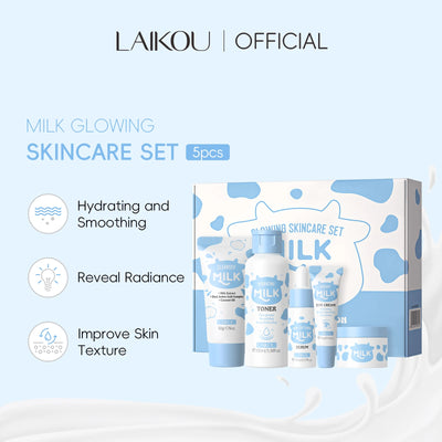 LAIKOU Milk Glowing Skincare Set Hydrating Brightening Anti-Age Firming Facial Care Cleanser Toner Serum Eye Cream Moisturizer