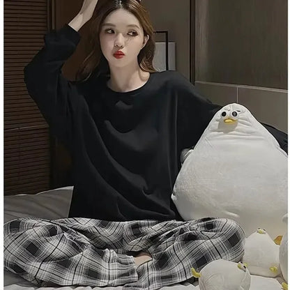 2PCS/Set Women Big Size with Chest Pads Pajamas Spring Autumn and Winter Long-Sleeved Headset Loose Homewear Can Be Worn Outside - Smarsty
