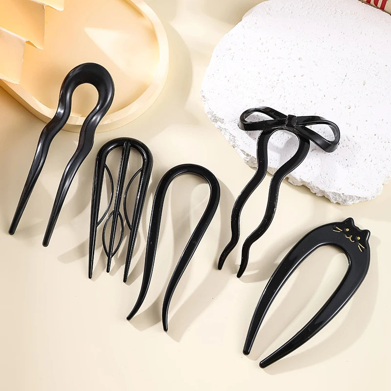 U-Shaped Hair Fork Fashion Tortoiseshell Acetate Acrylic Hairpin Geometric Headwear Hair Sticks Women Girls Hair Accessories - Smarsty