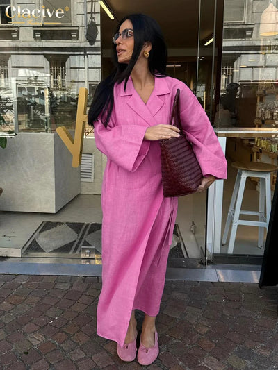 Clacive Casual Loose Pink Cotton Dress Ladies Fashion Lapel Long Sleeve Ankle Length Dress Elegant Lace-Up Dresses For Women - Smarsty