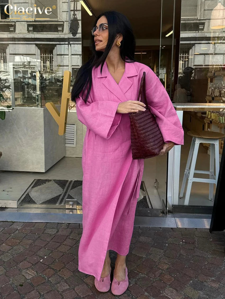 Clacive Casual Loose Pink Cotton Dress Ladies Fashion Lapel Long Sleeve Ankle Length Dress Elegant Lace-Up Dresses For Women - Smarsty