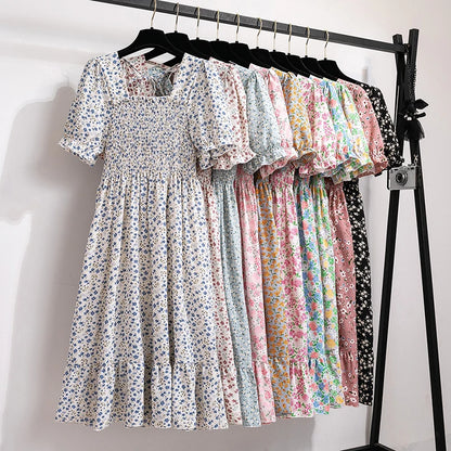 Summer Pleated Women Chiffon Dresses Casual Beach Holiday Short Sleeve Square Collar Woman Midi Dress Bohemian Mujer Vestidos - Smarsty