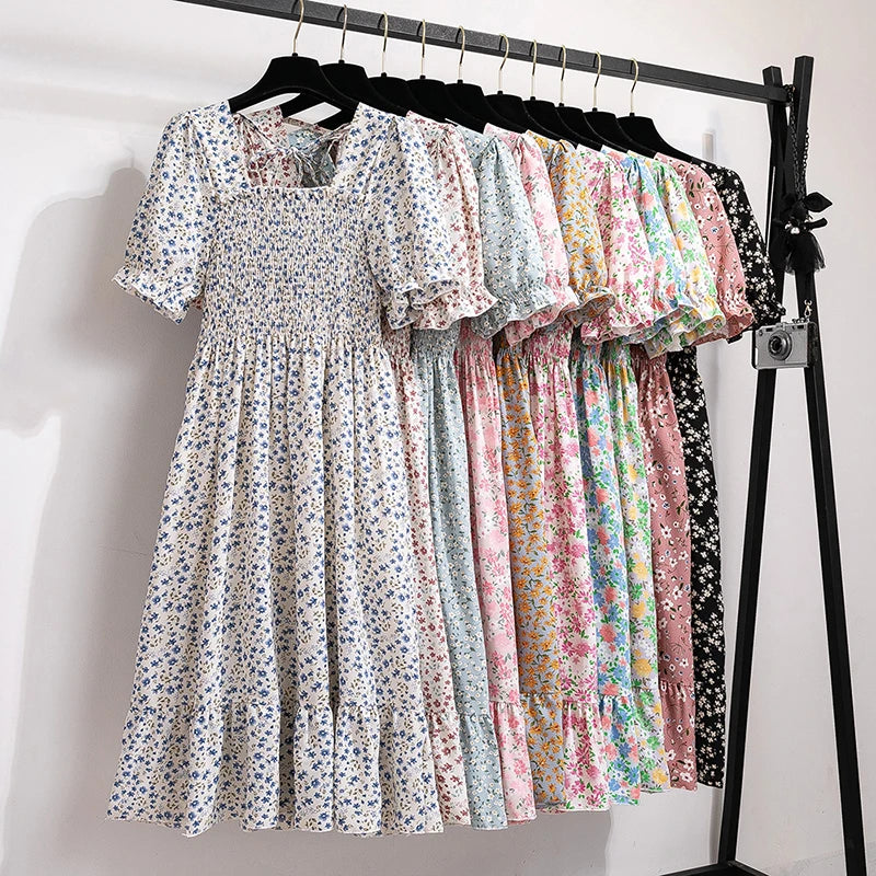 Summer Pleated Women Chiffon Dresses Casual Beach Holiday Short Sleeve Square Collar Woman Midi Dress Bohemian Mujer Vestidos - Smarsty