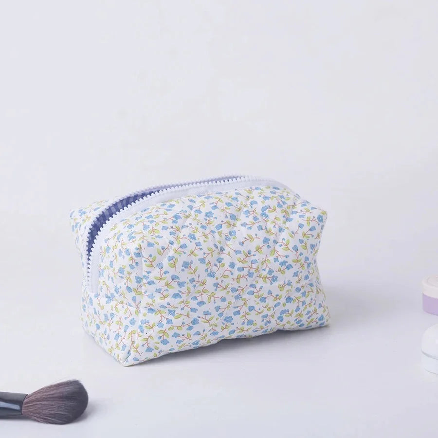 Storage Organizer Floral Puffy Quilted Makeup Bag Flower Printed Cosmetic Pouch Large Travel Cosmetic Bag Makeup Accessory - Smarsty