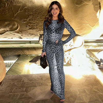 Hugcitar Leopard Print Mesh Long Sleeve Sexy Slim  See Through Maxi Dress Fall Women Fashion Outfits Beach Vacation Club - Smarsty